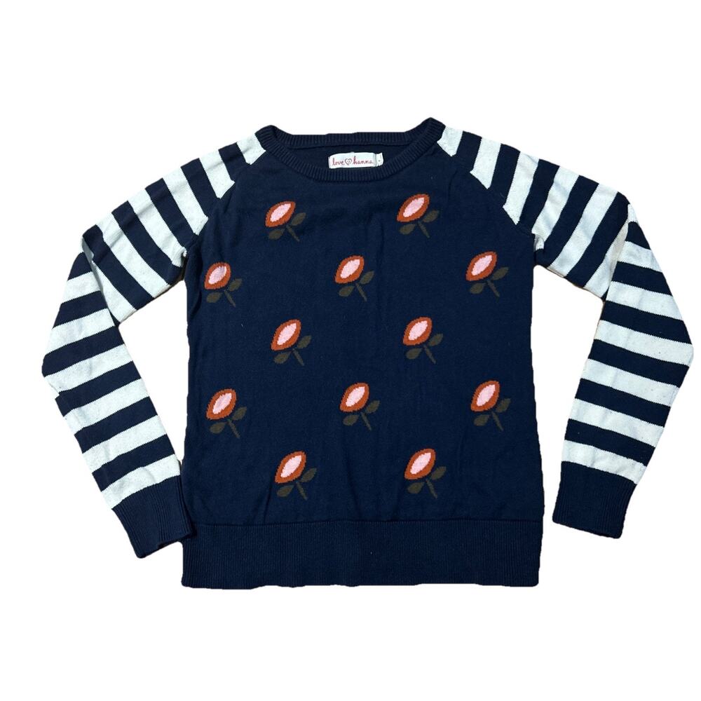 Love Hanna Women S Navy Floral Stripe Sweater Crewneck Knit Pullover Cotton Wool